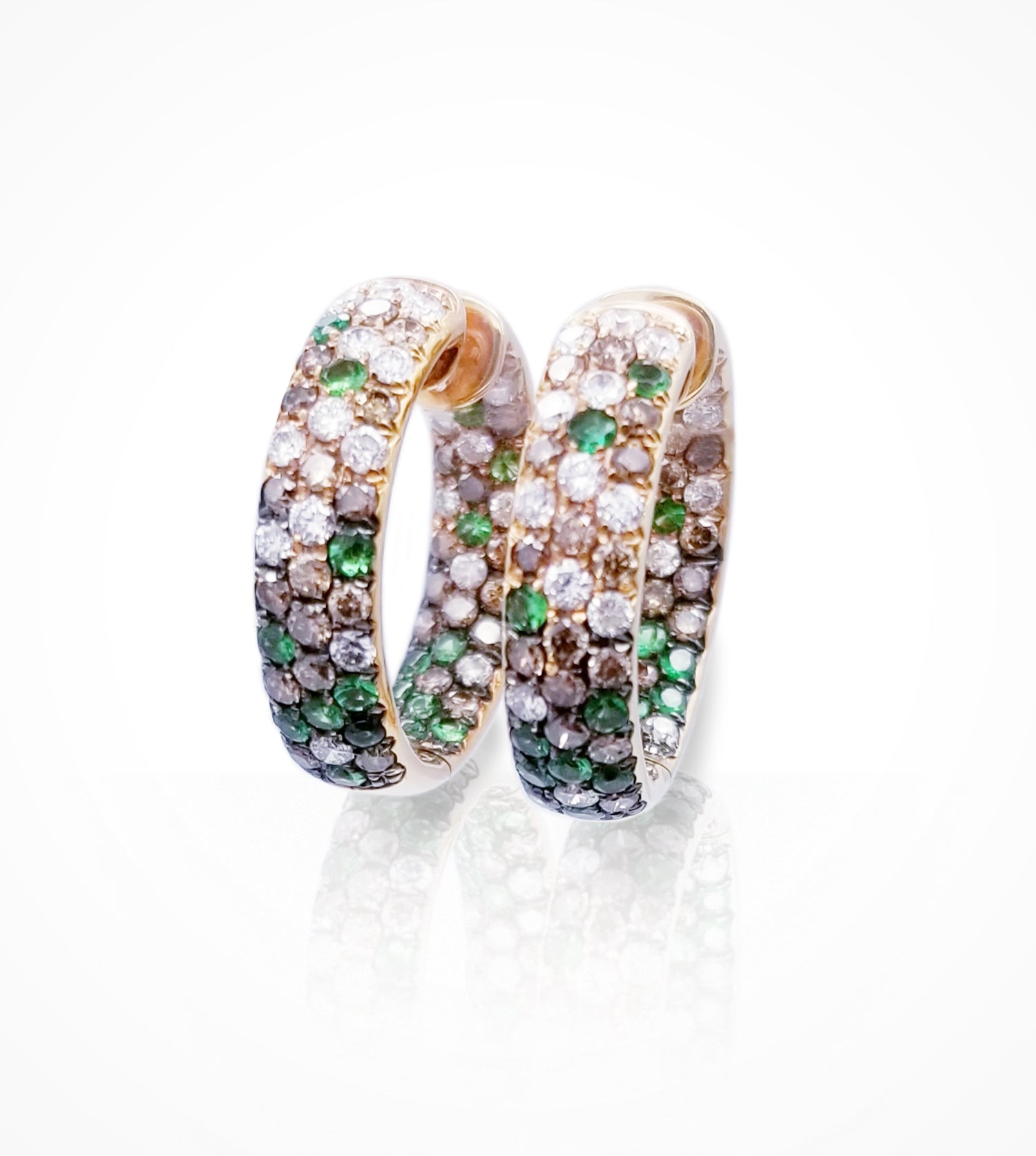 ER00296-18K rose gold pave hoops, white diamonds=0.99ct, brown diamonds=1.18cts green garnets=0.88ct. Price upon request