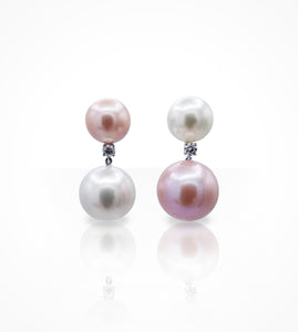 ER00527 18KW pearl and diamond drop earrings, 2 white South Sea pearls and 2 pink freshwater pearls, 11-14.7mm, 2diamonds=0.28cts g si