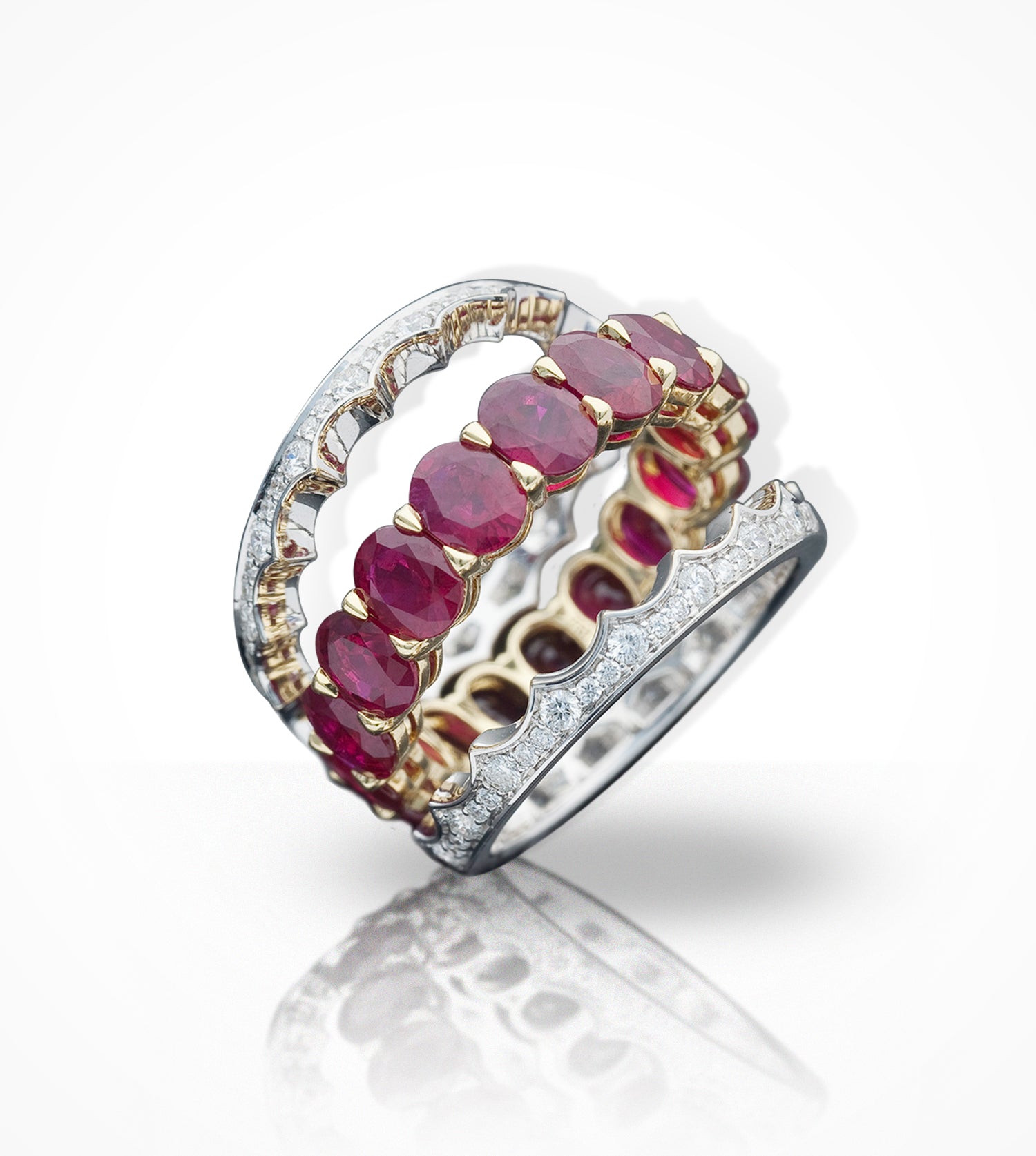 RG00248 18K white gold, 17 ruby eternity band and 2 crown style ring guards