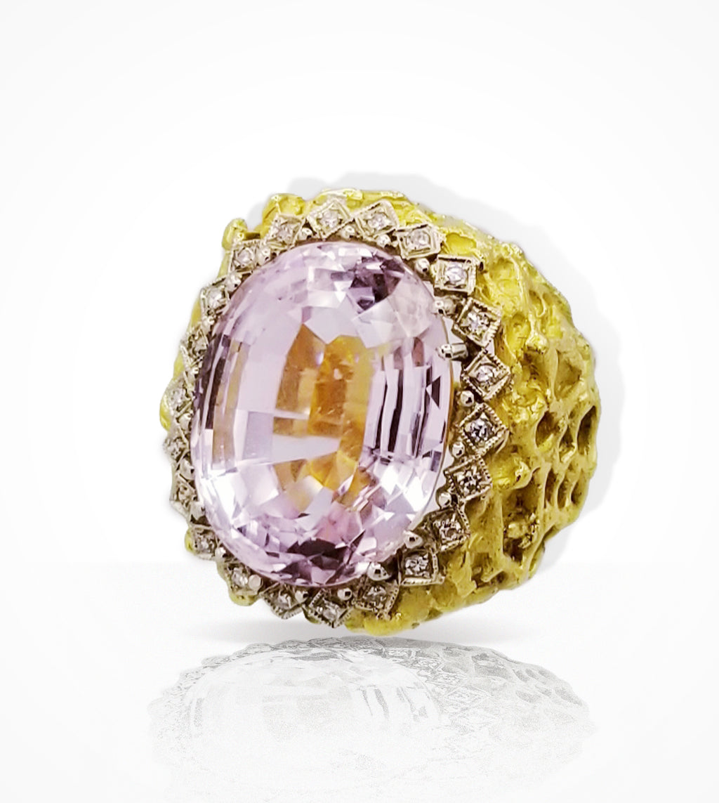 RH-000063 18K White and textured yellow gold oval kunzite & single cut diamond ring ready-to-wear jewellery at Secrett.ca in Toronto Downtown Yorkville